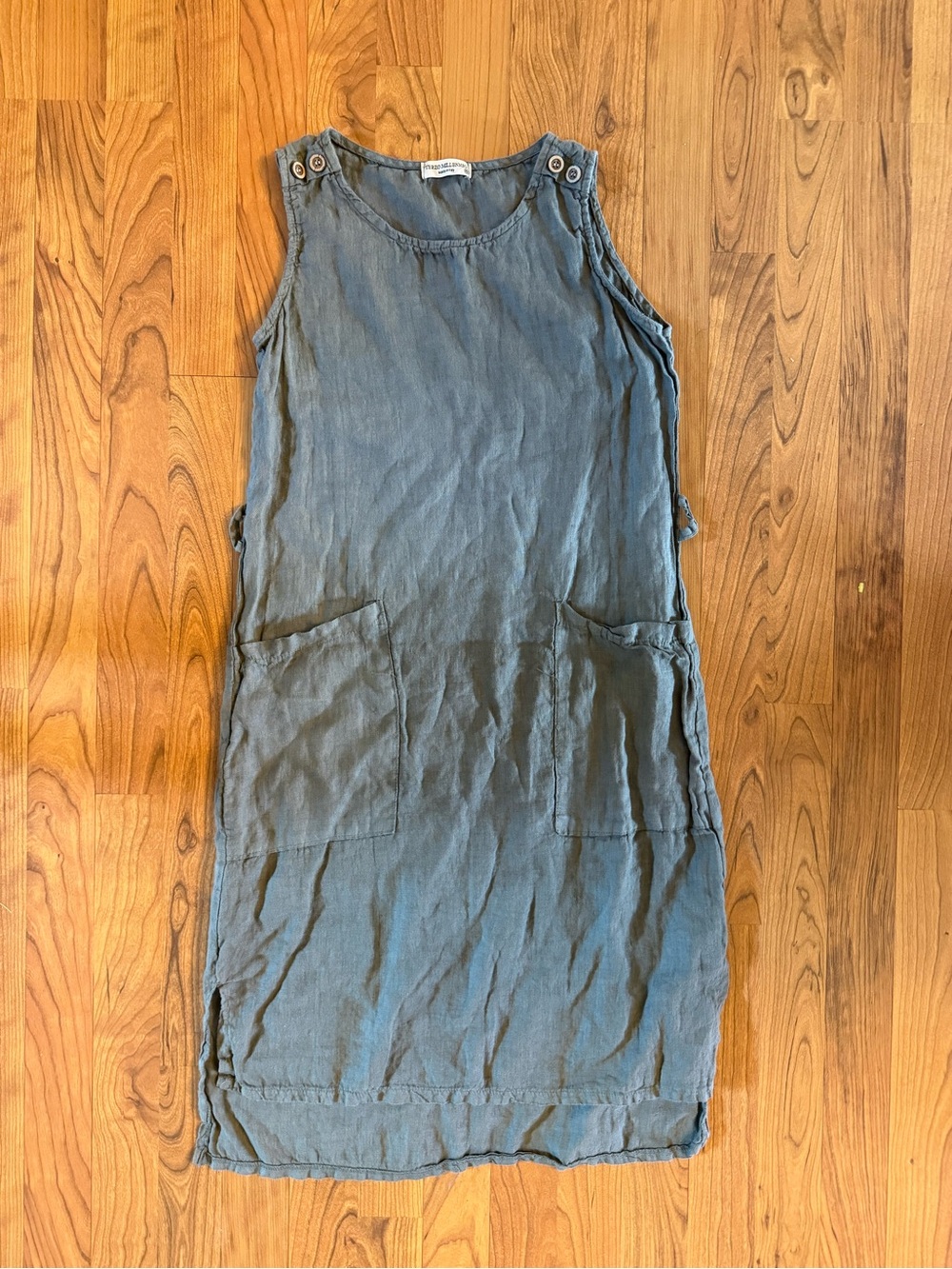 Sleeveless Washed Sage Green Linen Shift Dress with Front Pockets